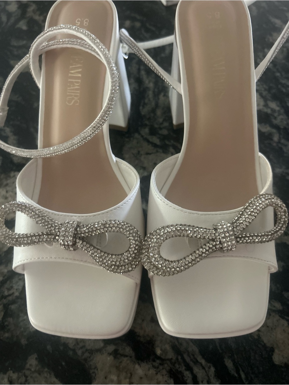 Dream Pairs White Rhinestone Bow Block Heel Sandals